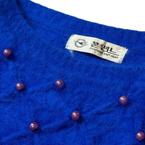 Vintage 80s Angora Sweater Women’s Med Fuzzy Blue Purple Pearl Embellished - Picture 3 of 14